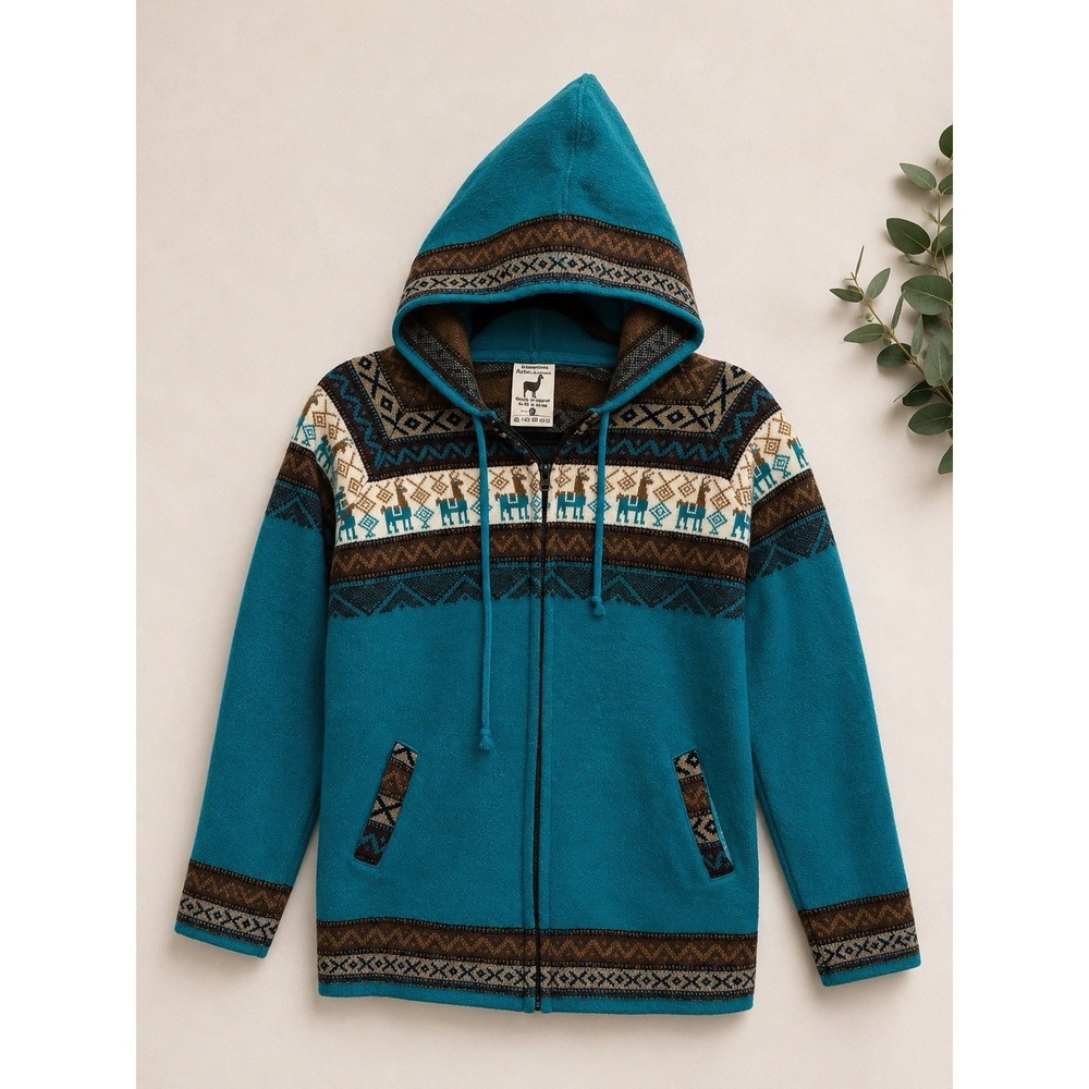 Artesanias Yarina Hoodie Small Multi Ecuador Wool Blend Llama Pattern Full Zip